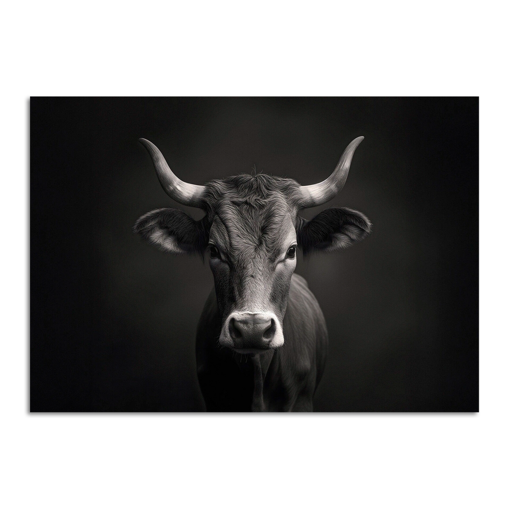 Limited Alpine Animal Posters – 70×100 cm featuring a striking monochrome portrait of a cow.