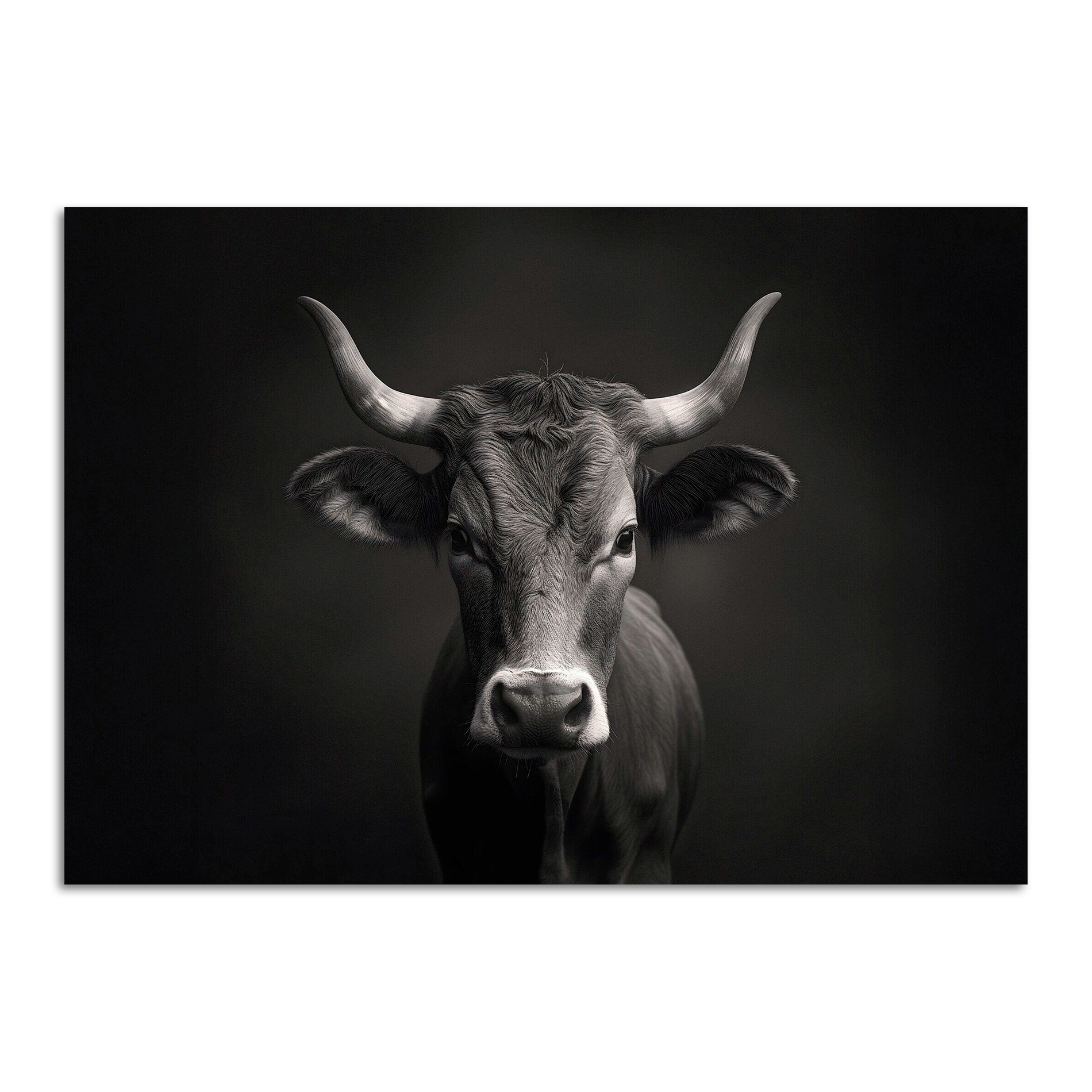 Limited Alpine Animal Posters – 70×100 cm featuring a striking monochrome portrait of a cow.