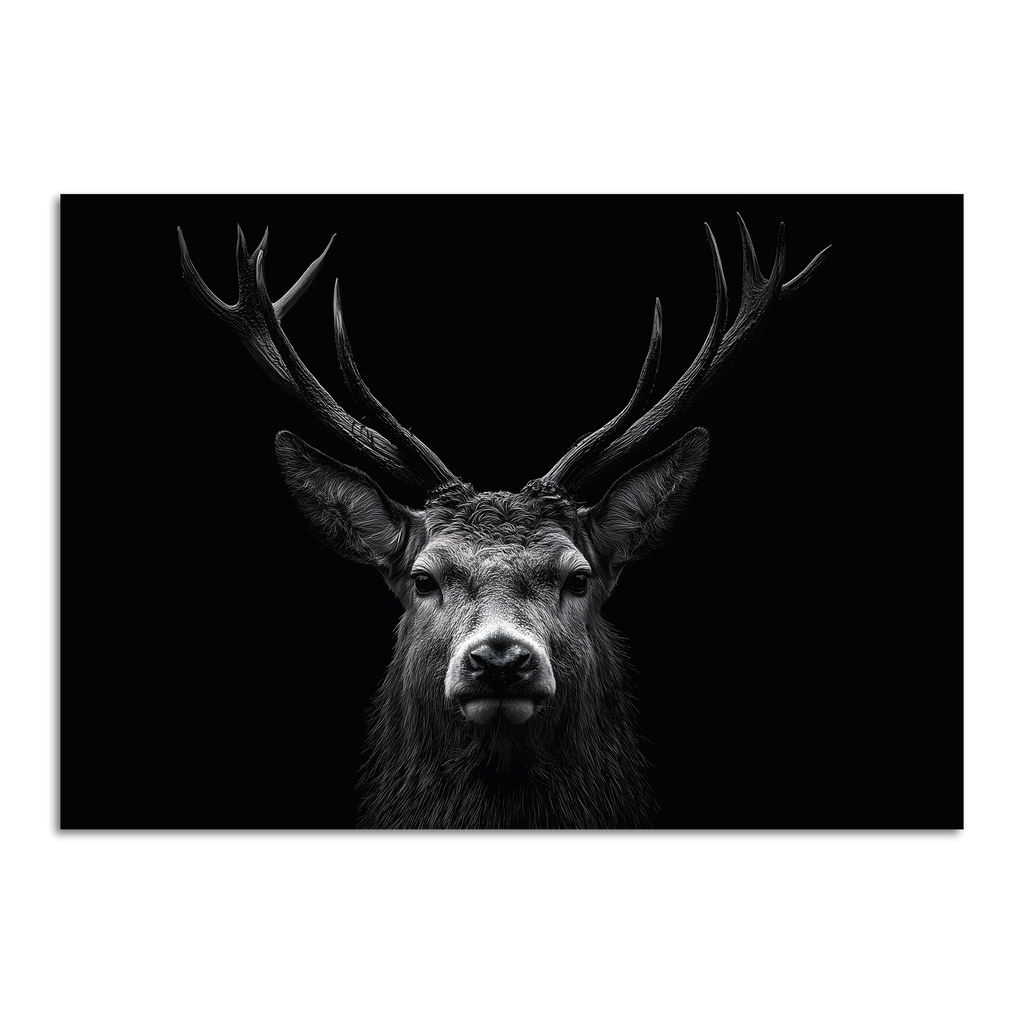 Limited Alpine Animal Posters – 70×100 cm featuring a striking black and white portrait of a stag.