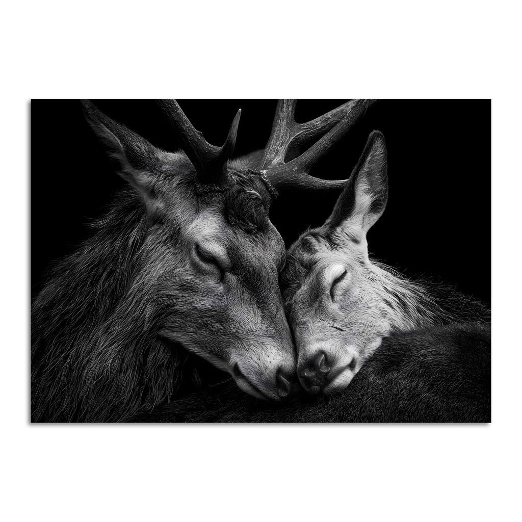 Limited Alpine Animal Posters – 70×100 cm featuring two deer sleeping closely together in a striking black and white design.