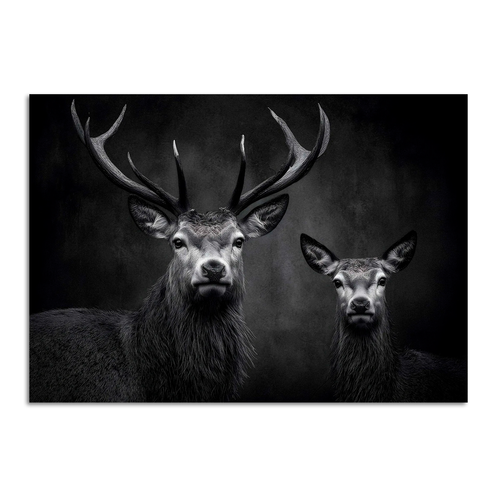 Limited Alpine Animal Posters – 70×100 cm featuring a majestic stag and doe in a dramatic black and white setting.