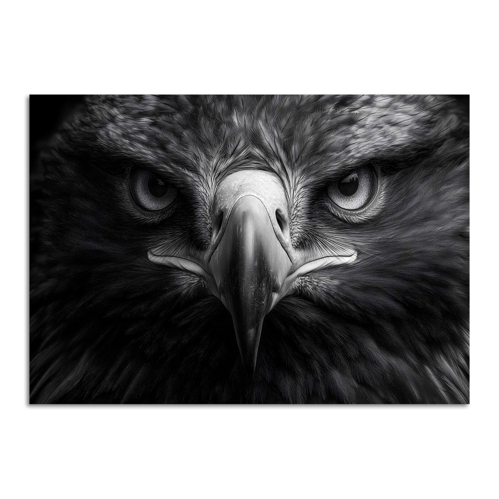 Limited Alpine Animal Posters – 70×100 cm featuring a striking black and white eagle portrait.