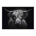 Limited Alpine Animal Posters – 70×100 cm featuring a striking Highland cow portrait in black and white.
