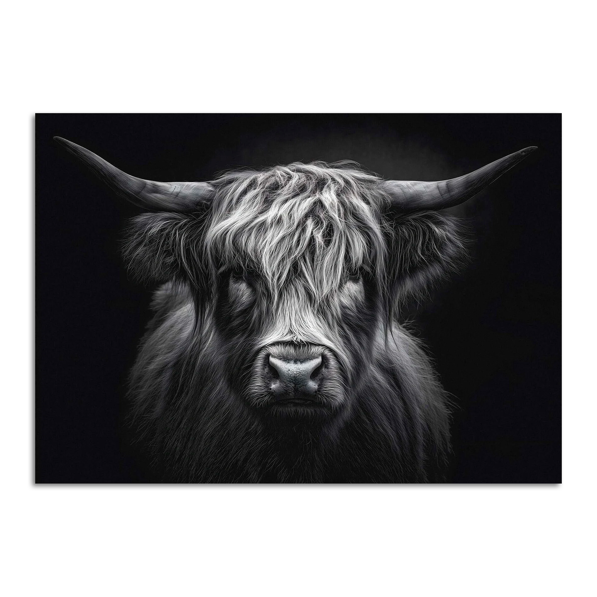 Limited Alpine Animal Posters – 70×100 cm featuring a striking Highland cow portrait in black and white.