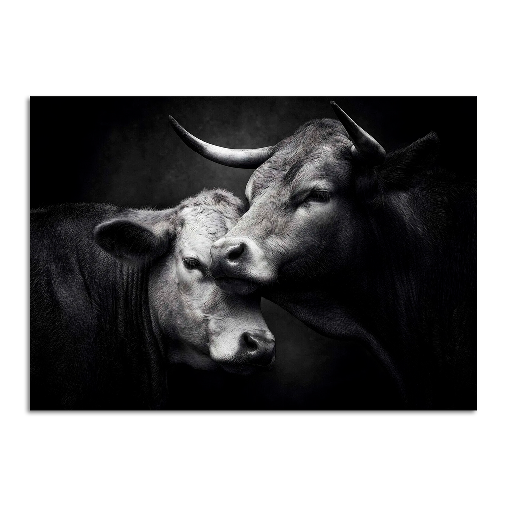 Limited Alpine Animal Posters – 70×100 cm featuring two cows in a dramatic black and white composition.