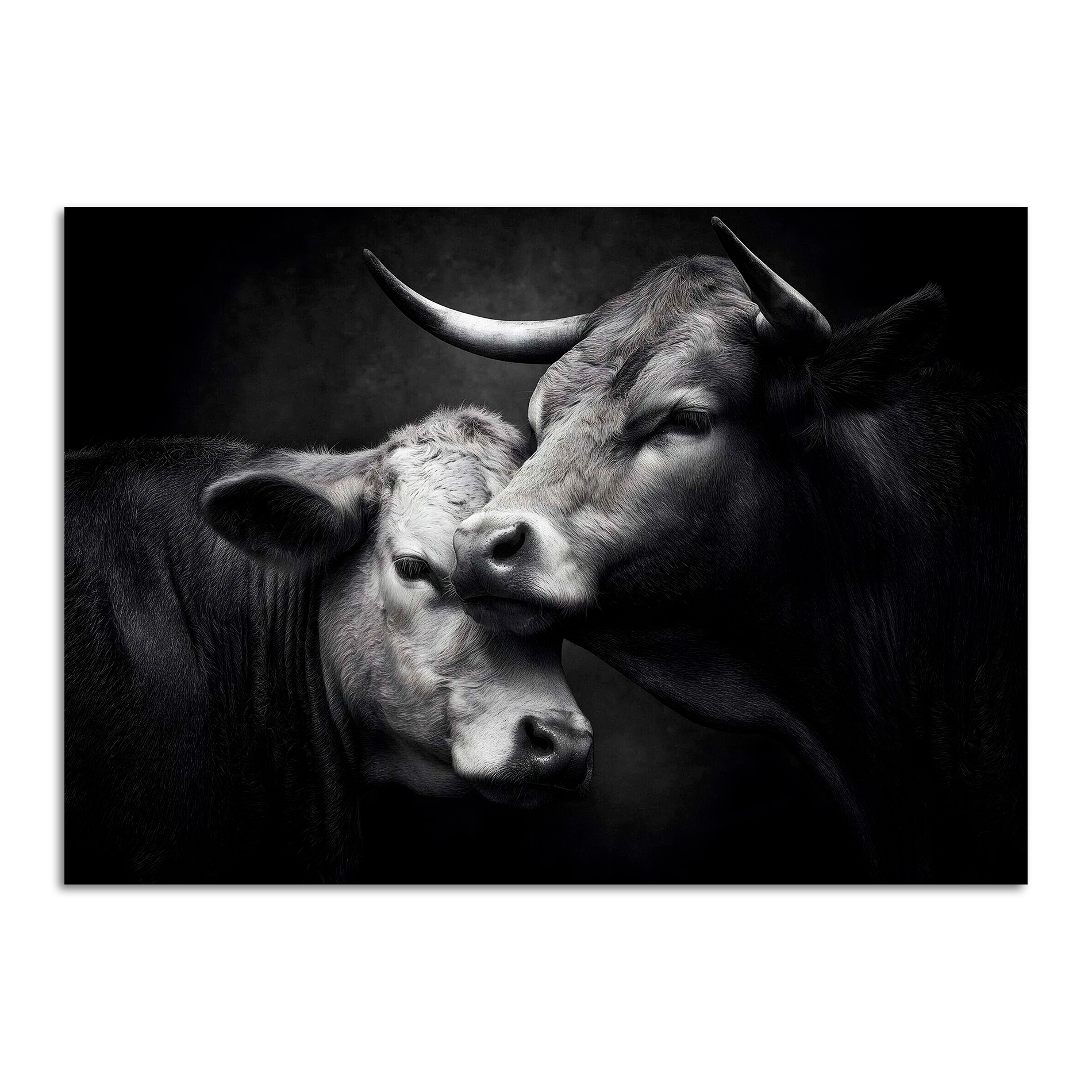 Limited Alpine Animal Posters – 70×100 cm featuring two cows in a dramatic black and white composition.