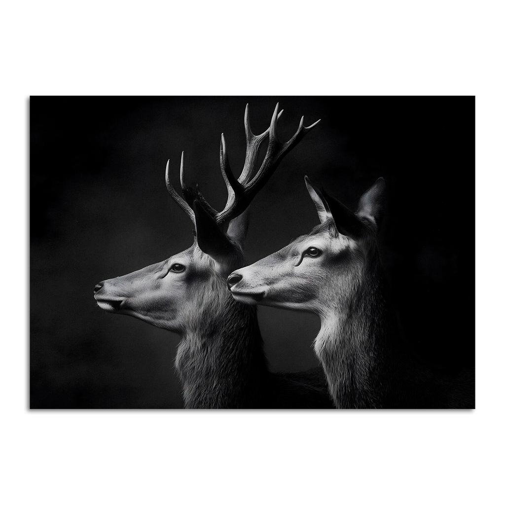 Limited Alpine Animal Posters – 70×100 cm featuring a striking black-and-white portrait of two deer heads.