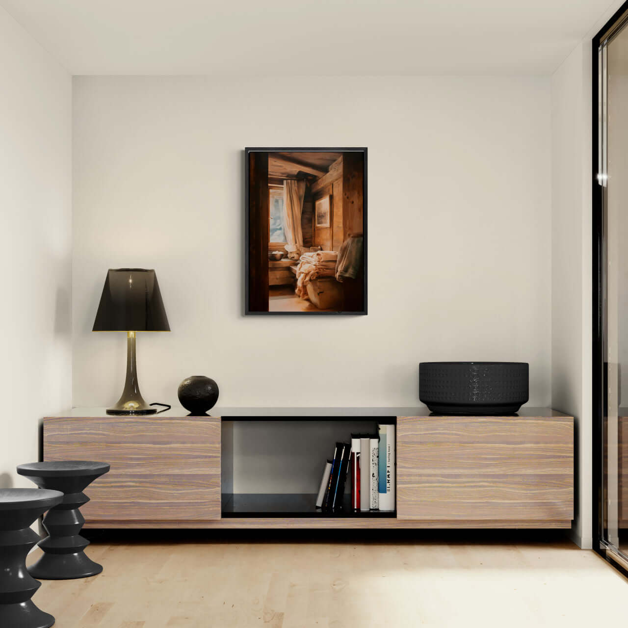 Linen and Light, Alpine Window - Poster displayed in a modern interior with wooden textures and soft lighting.