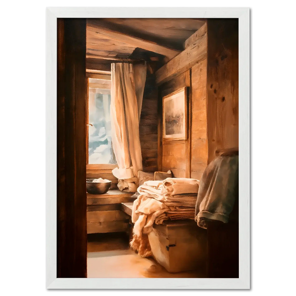 Linen and Light, Alpine Window - Poster showcasing a cozy alpine interior with linen fabrics and warm wooden textures.