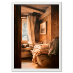 Linen and Light, Alpine Window - Poster showcasing a cozy alpine interior with linen fabrics and warm wooden textures.