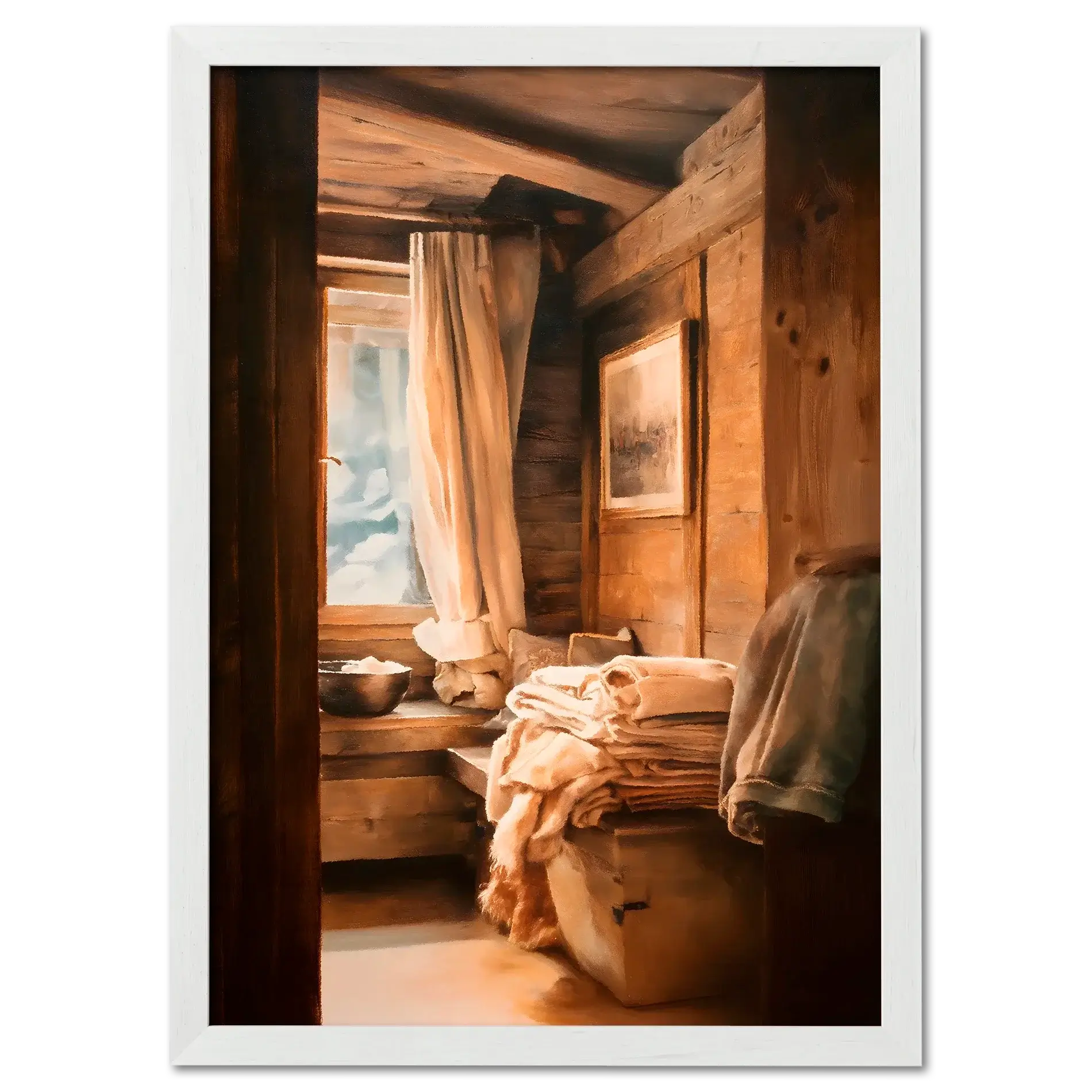 Linen and Light, Alpine Window - Poster showcasing a cozy alpine interior with linen fabrics and warm wooden textures.