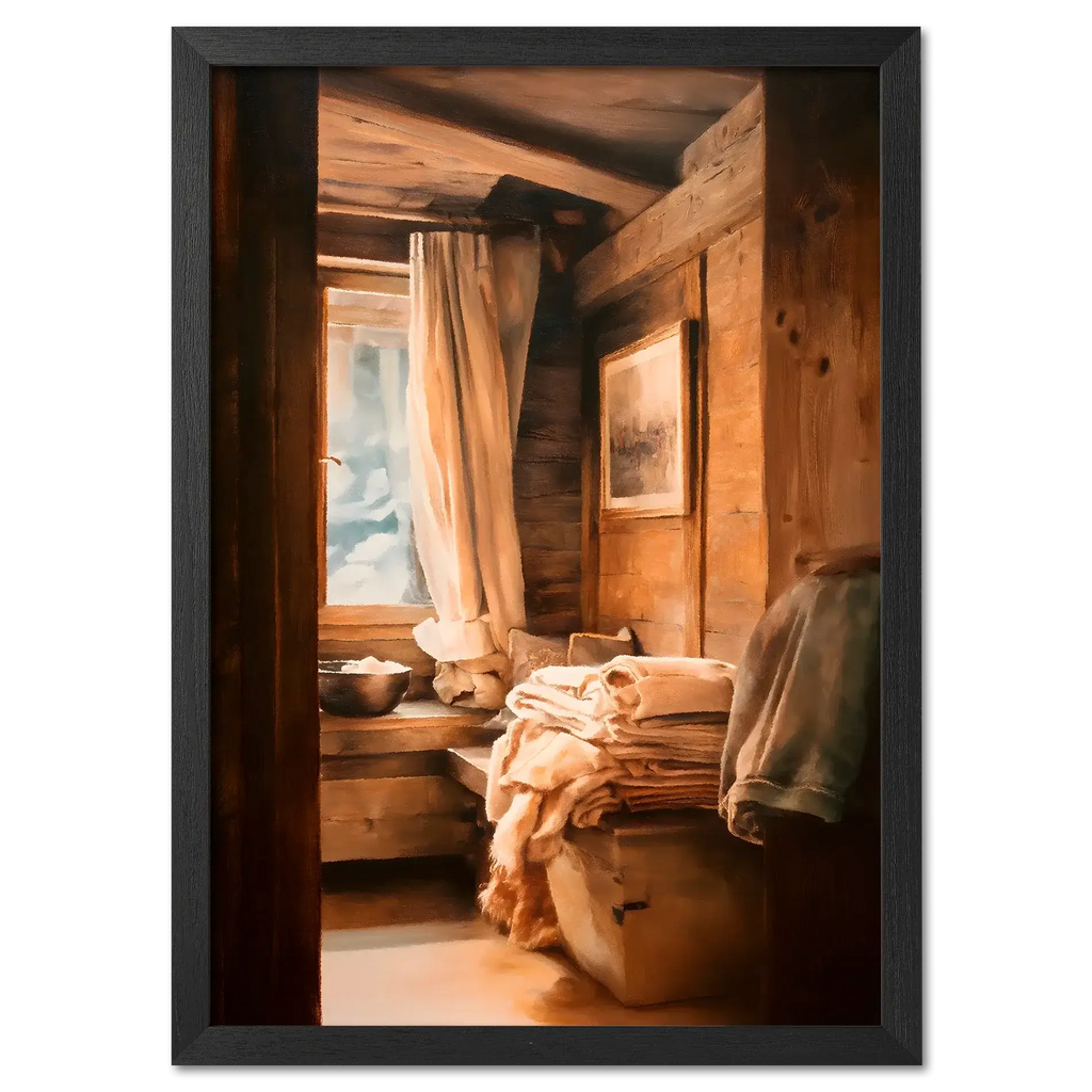 Linen and Light, Alpine Window - Poster featuring a cozy wooden interior with soft linens and a blurred snowy mountain view.