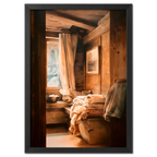 Linen and Light, Alpine Window - Poster featuring a cozy wooden interior with soft linens and a blurred snowy mountain view.
