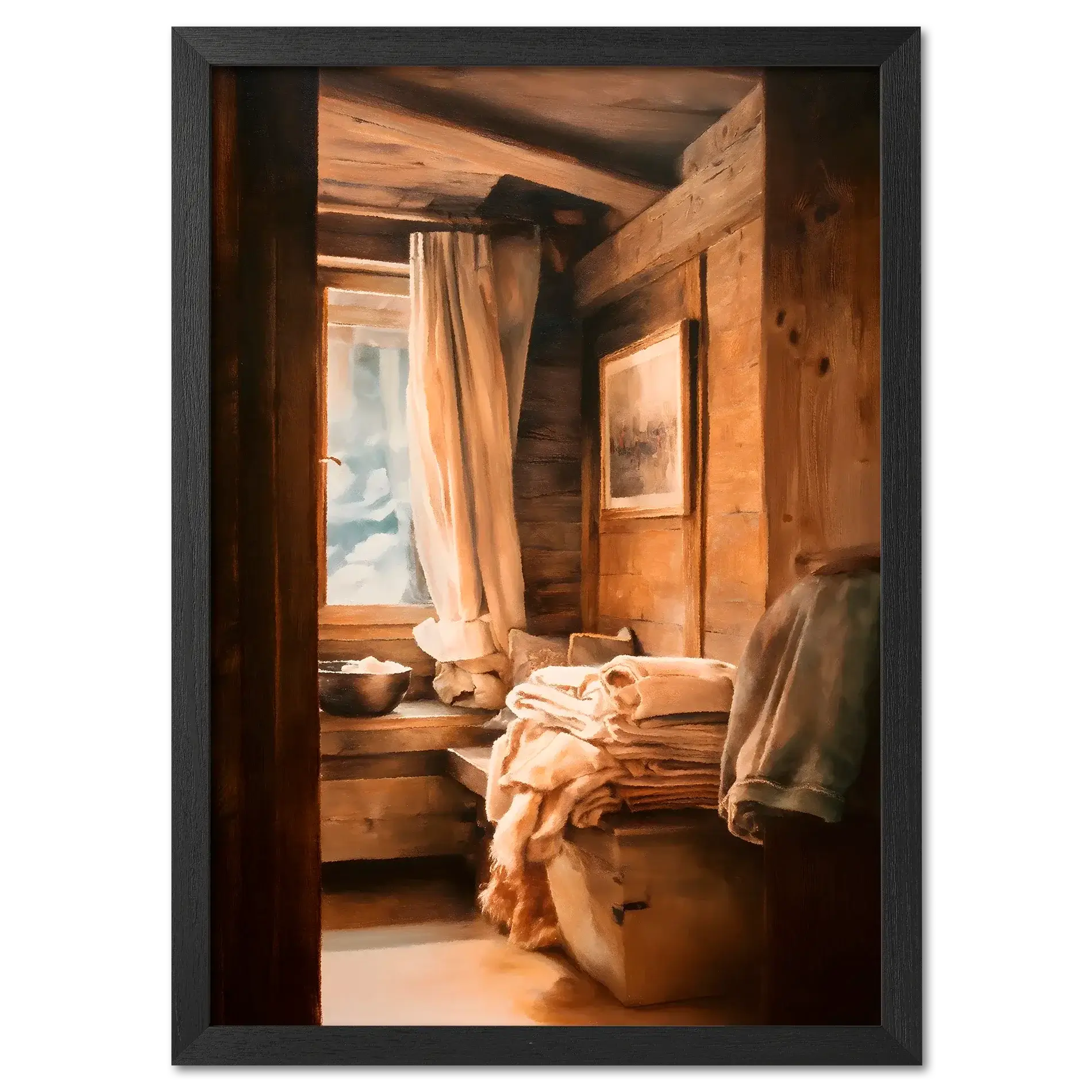 Linen and Light, Alpine Window - Poster featuring a cozy wooden interior with soft linens and a blurred snowy mountain view.