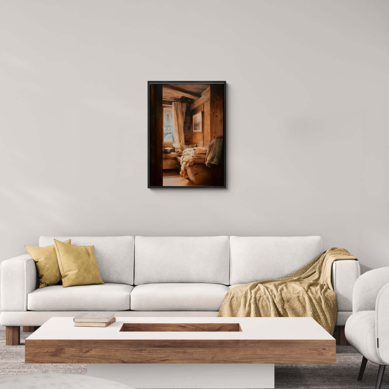 Linen and Light, Alpine Window - Poster displayed in a cozy interior with soft linen fabrics and warm wooden walls.