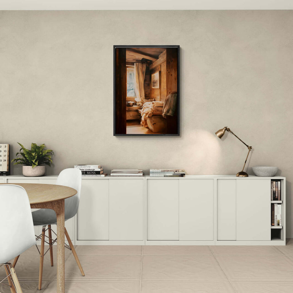 Linen and Light, Alpine Window - Poster displayed in a modern interior with warm wooden walls and soft textiles.