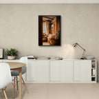 Linen and Light, Alpine Window - Poster displayed in a modern interior with warm wooden walls and soft textiles.