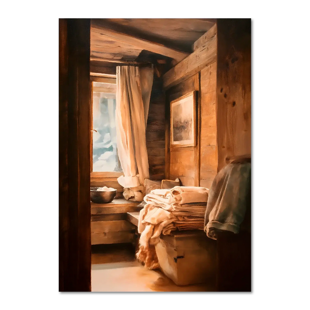 Linen and Light, Alpine Window - Poster depicting a cozy alpine interior with linen fabrics and warm wooden textures.