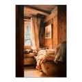 Linen and Light, Alpine Window - Poster depicting a cozy alpine interior with linen fabrics and warm wooden textures.