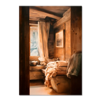 Linen and Light, Alpine Window - Poster depicting a cozy alpine interior with linen fabrics and warm wooden textures.