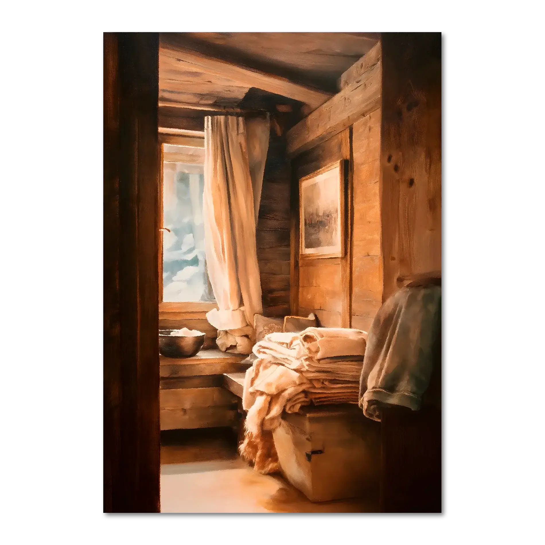Linen and Light, Alpine Window - Poster depicting a cozy alpine interior with linen fabrics and warm wooden textures.