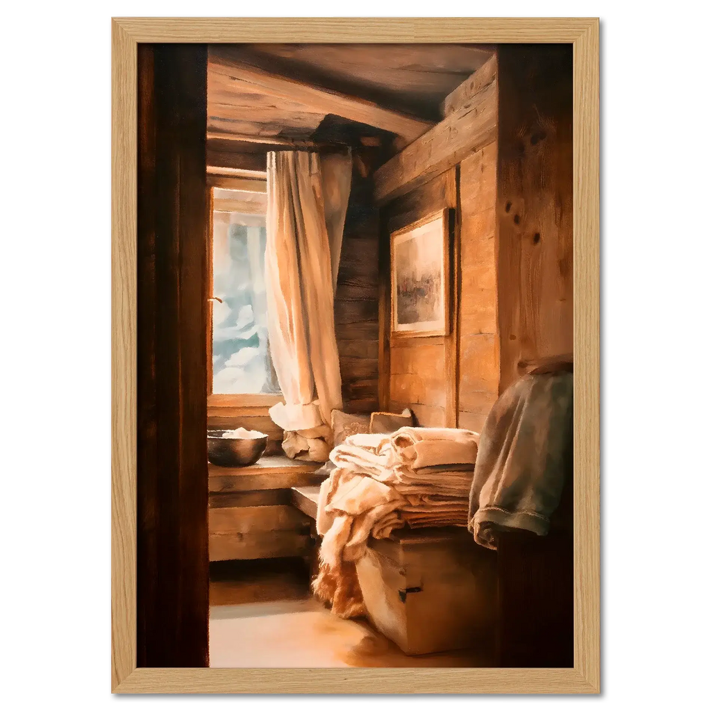 Linen and Light, Alpine Window - Poster showing a cozy alpine interior with wooden walls and soft linen fabrics.