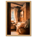 Linen and Light, Alpine Window - Poster showing a cozy alpine interior with wooden walls and soft linen fabrics.