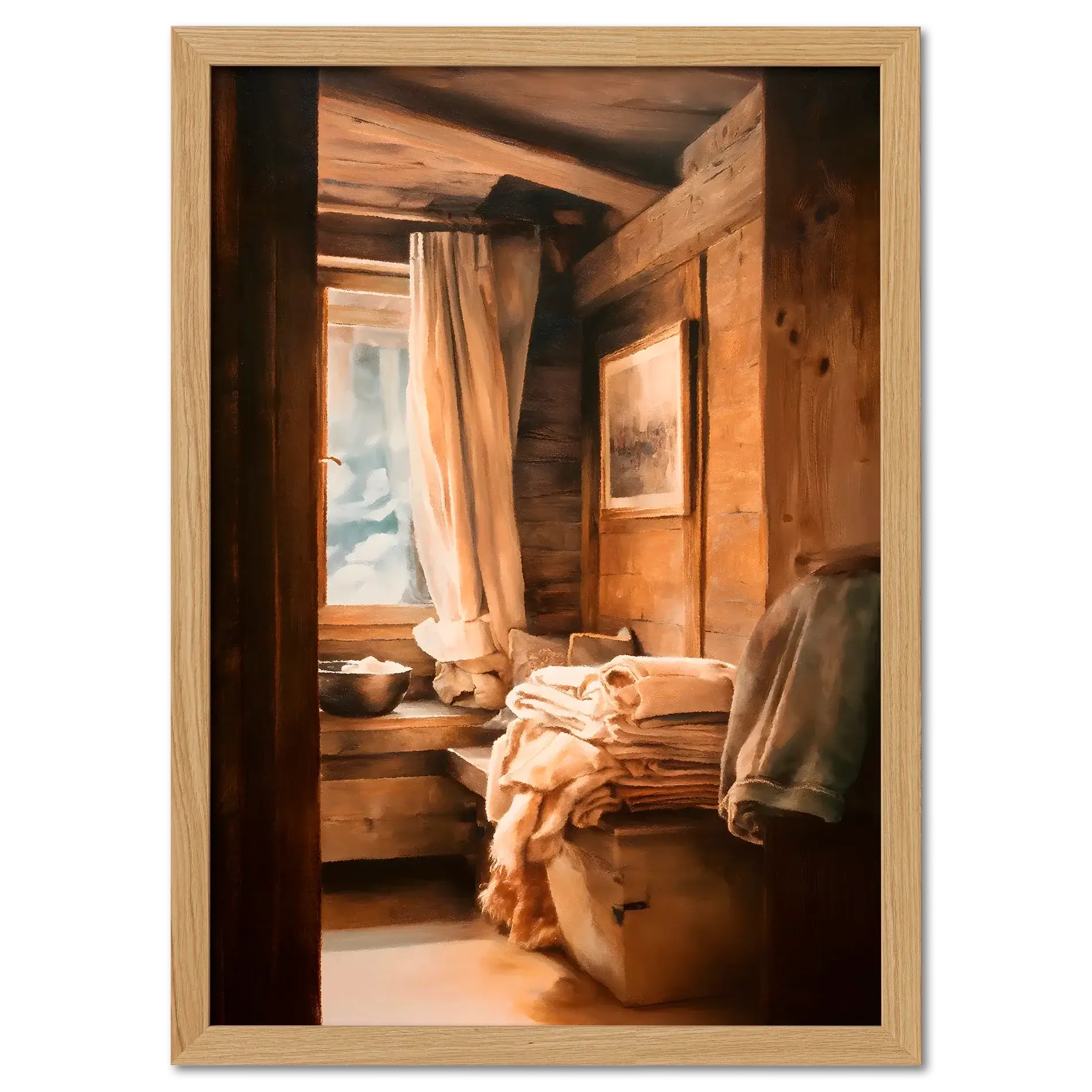 Linen and Light, Alpine Window - Poster showing a cozy alpine interior with wooden walls and soft linen fabrics.