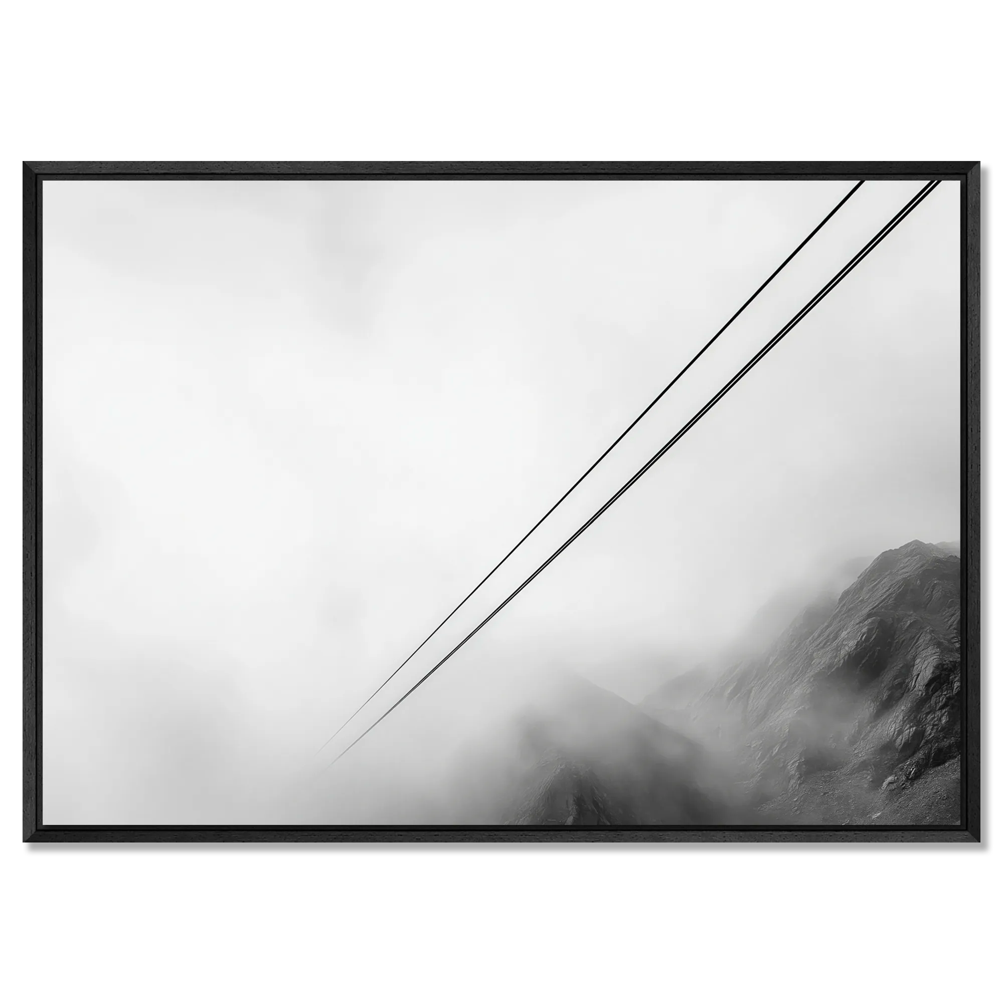 Lines Above the Alps – Alu-Dibond wall art featuring alpine cable lines fading into mist.