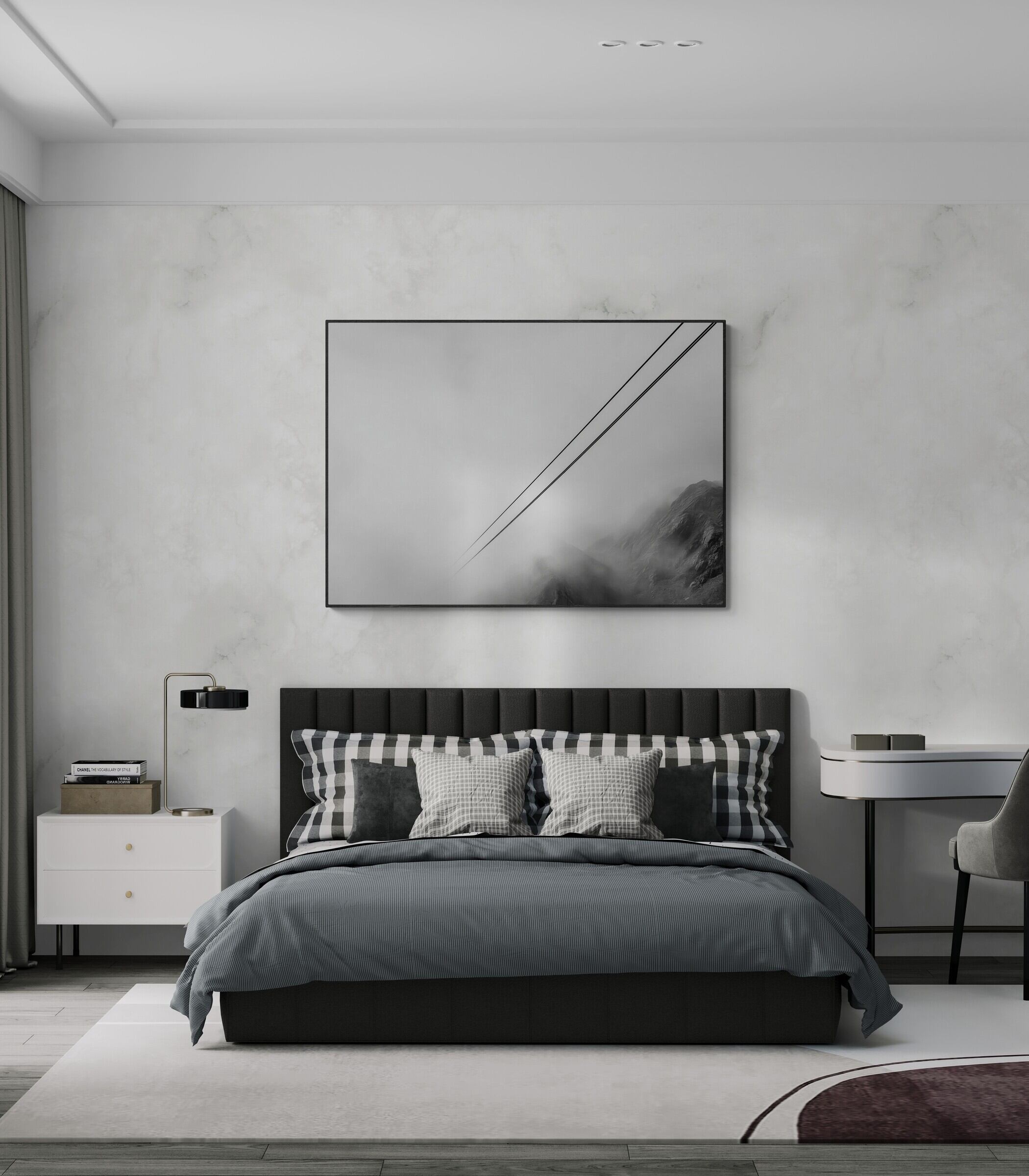 Lines Above the Alps – Alu-Dibond wall art displayed above a modern bed in a stylish bedroom.