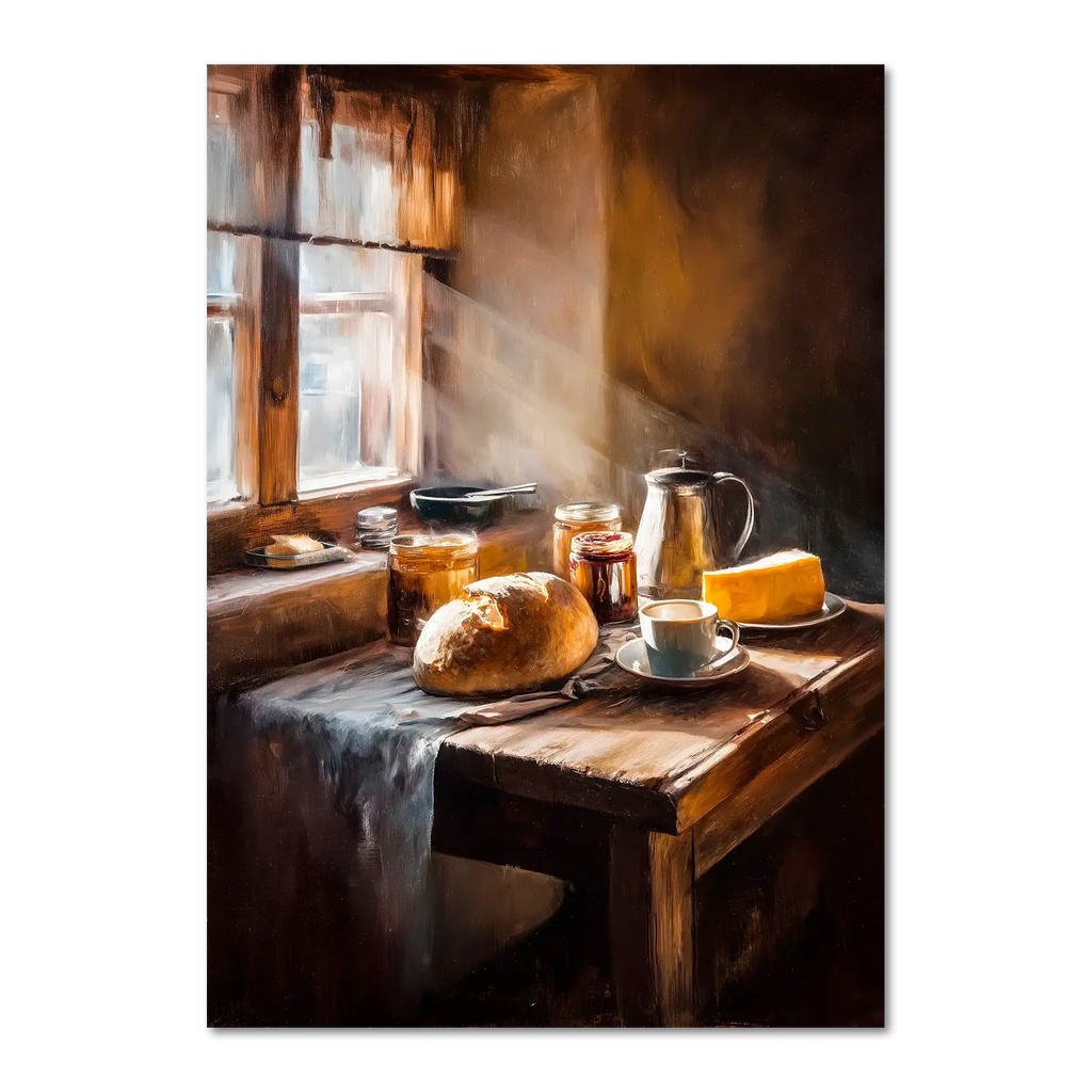 Loaf and Lightbeam - Poster featuring a rustic alpine breakfast with bread, butter, jam, and coffee by a wooden window.