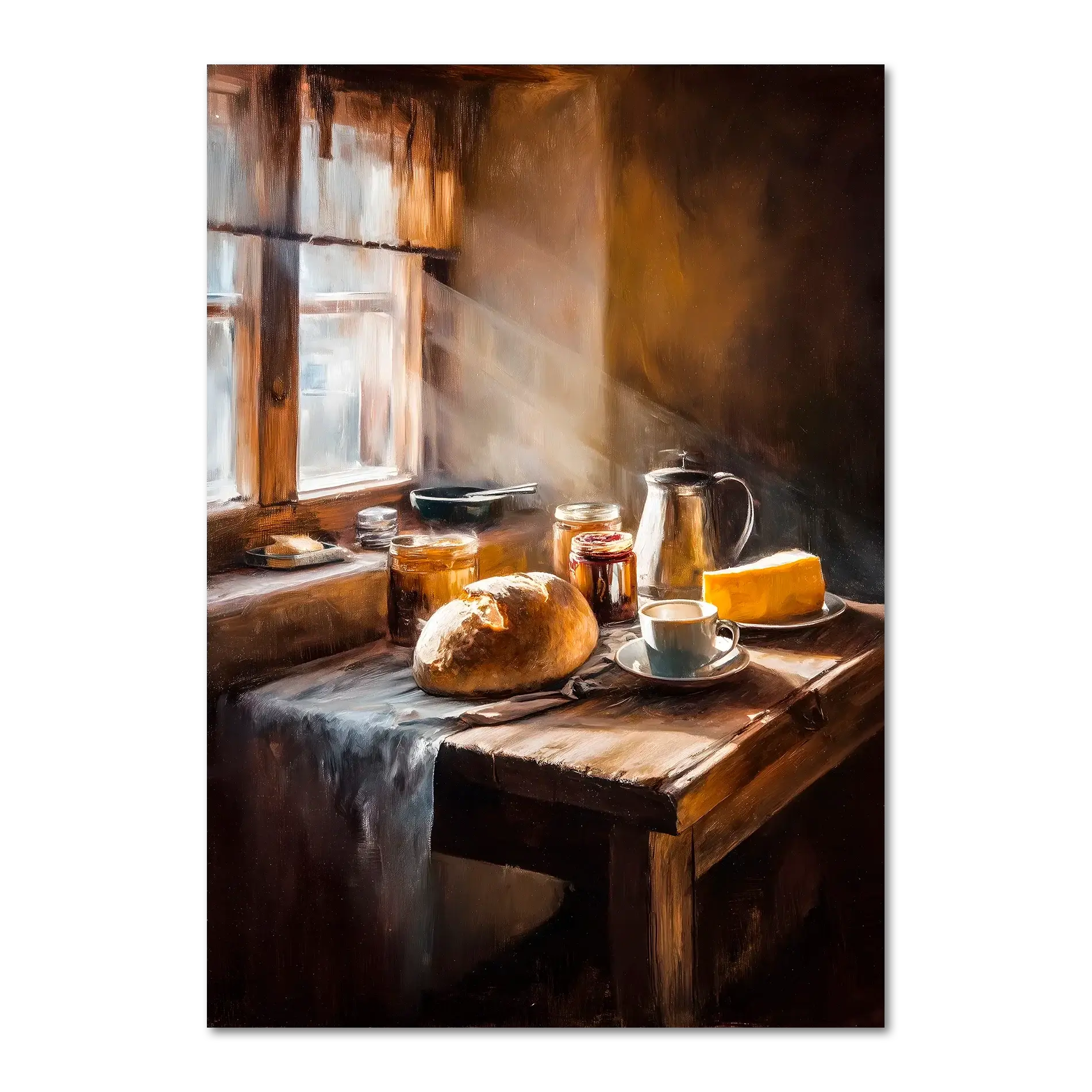 Loaf and Lightbeam - Poster featuring a rustic alpine breakfast with bread, butter, jam, and coffee by a wooden window.