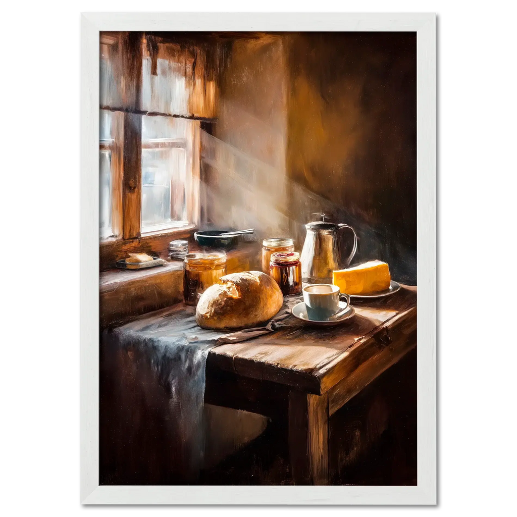 Loaf and Lightbeam - Poster depicting a rustic alpine breakfast with fresh bread, coffee, and sunlight streaming through a window.