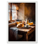 Loaf and Lightbeam - Poster depicting a rustic alpine breakfast with fresh bread, coffee, and sunlight streaming through a window.