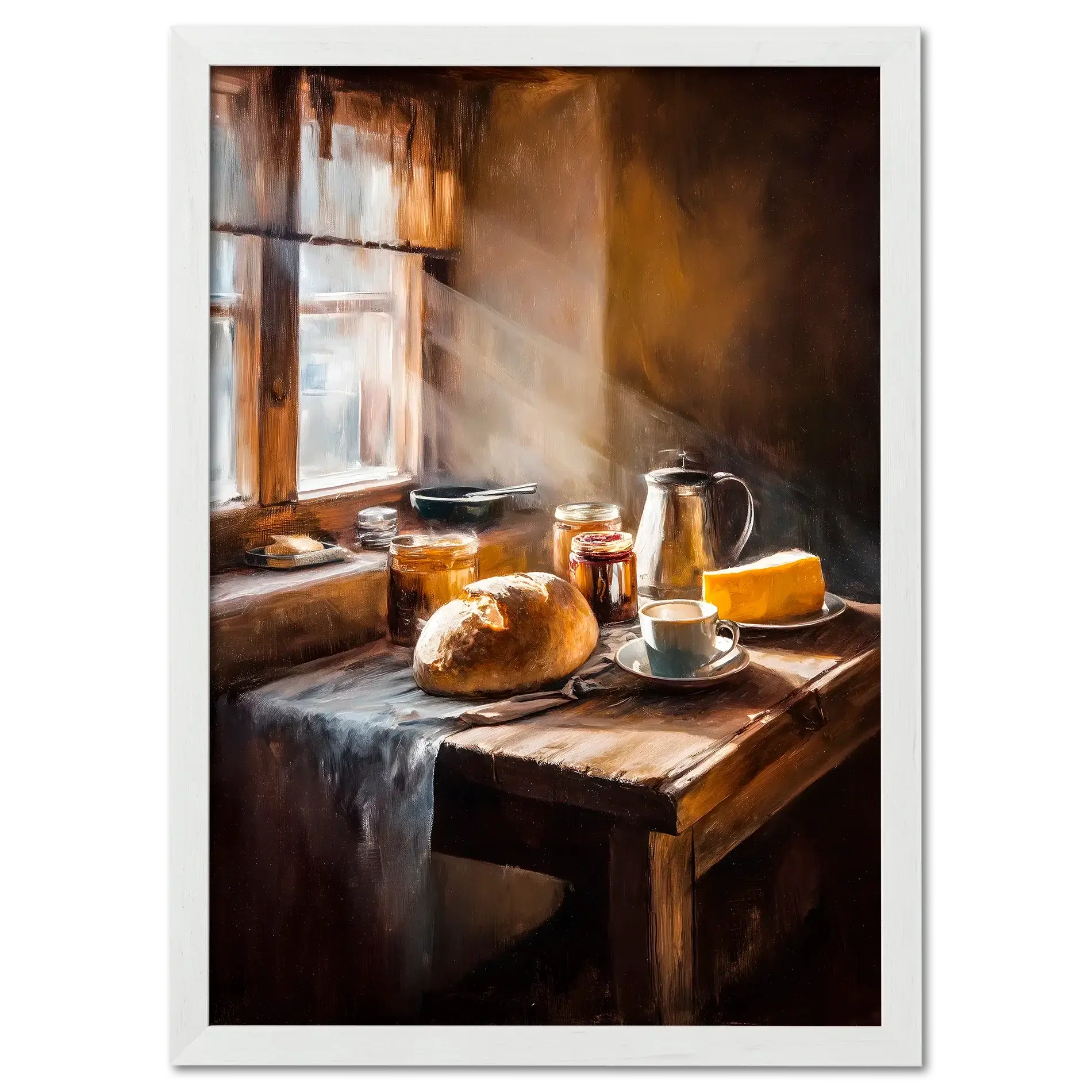 Loaf and Lightbeam - Poster depicting a rustic alpine breakfast with fresh bread, coffee, and sunlight streaming through a window.