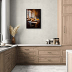 Loaf and Lightbeam - Poster displayed in a modern kitchen, showcasing warm sunlight and rustic breakfast scene.