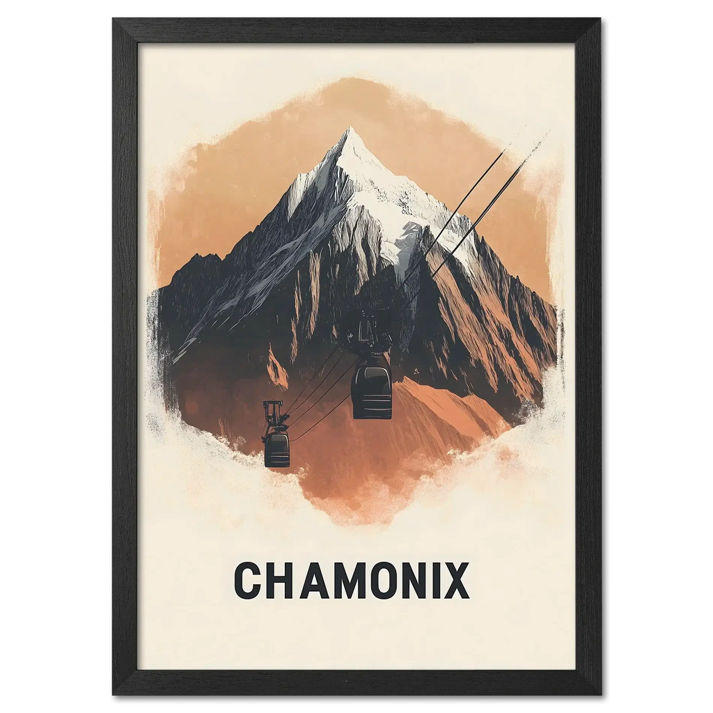 Majestic Peaks of Chamonix - Poster featuring a dramatic mountain and cable car in warm tones.