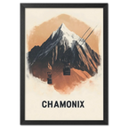 Majestic Peaks of Chamonix - Poster featuring a dramatic mountain and cable car in warm tones.