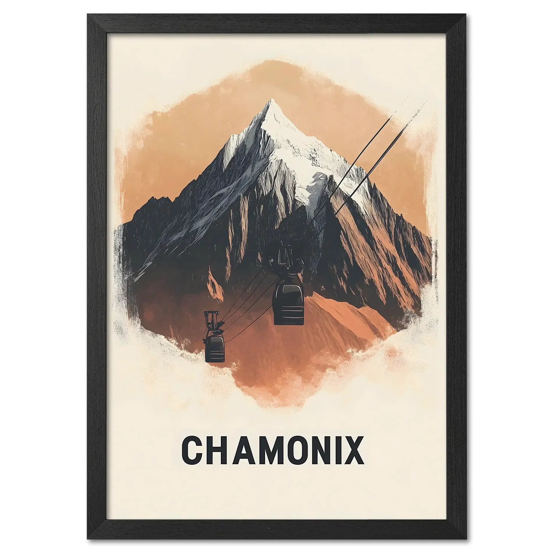Majestic Peaks of Chamonix - Poster featuring a dramatic mountain and cable car in warm tones.