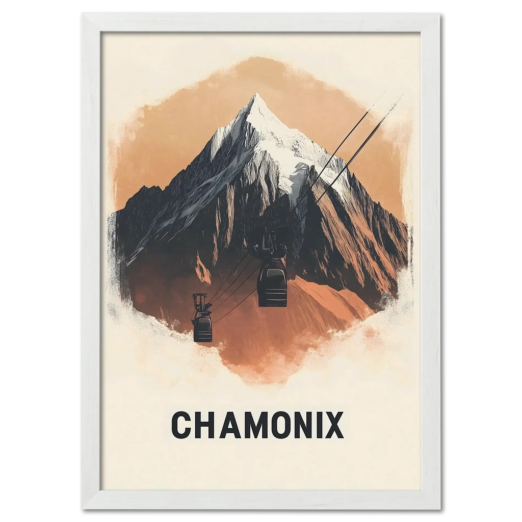 Majestic Peaks of Chamonix - Poster featuring a mountain and cable car with warm terracotta tones.