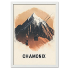 Majestic Peaks of Chamonix - Poster featuring a mountain and cable car with warm terracotta tones.