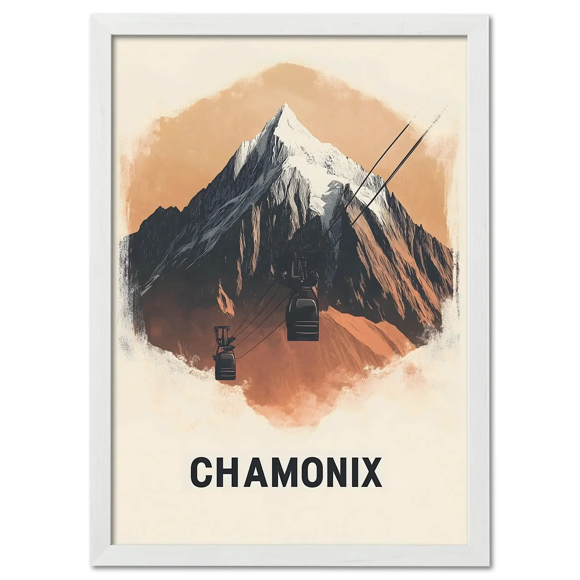 Majestic Peaks of Chamonix - Poster featuring a mountain and cable car with warm terracotta tones.