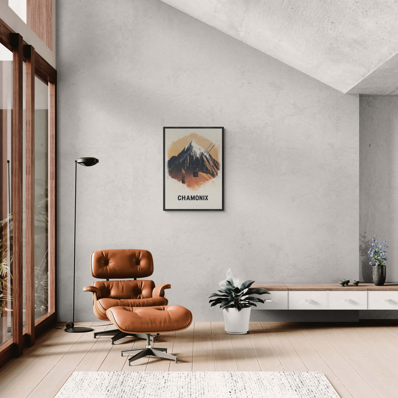 Majestic Peaks of Chamonix - Poster displayed in a modern minimalist living room with warm tones.