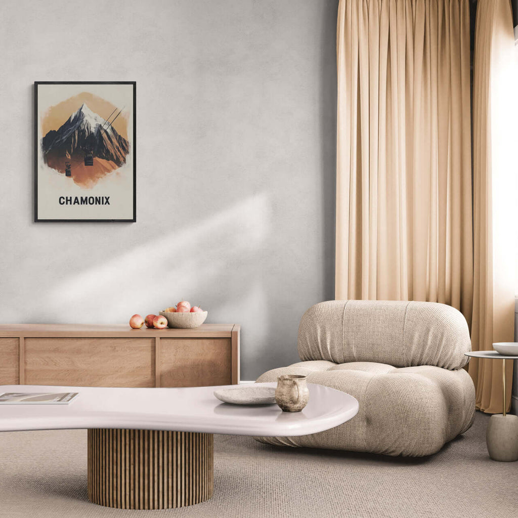 Majestic Peaks of Chamonix - Poster displayed in a modern living room with a clean aesthetic.