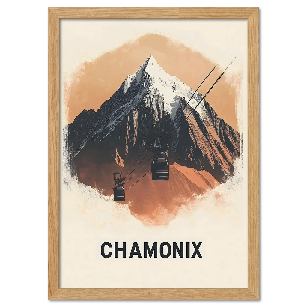 Majestic Peaks of Chamonix - Poster showcasing a dramatic mountain with cable cars and warm earthy tones.