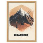 Majestic Peaks of Chamonix - Poster showcasing a dramatic mountain with cable cars and warm earthy tones.