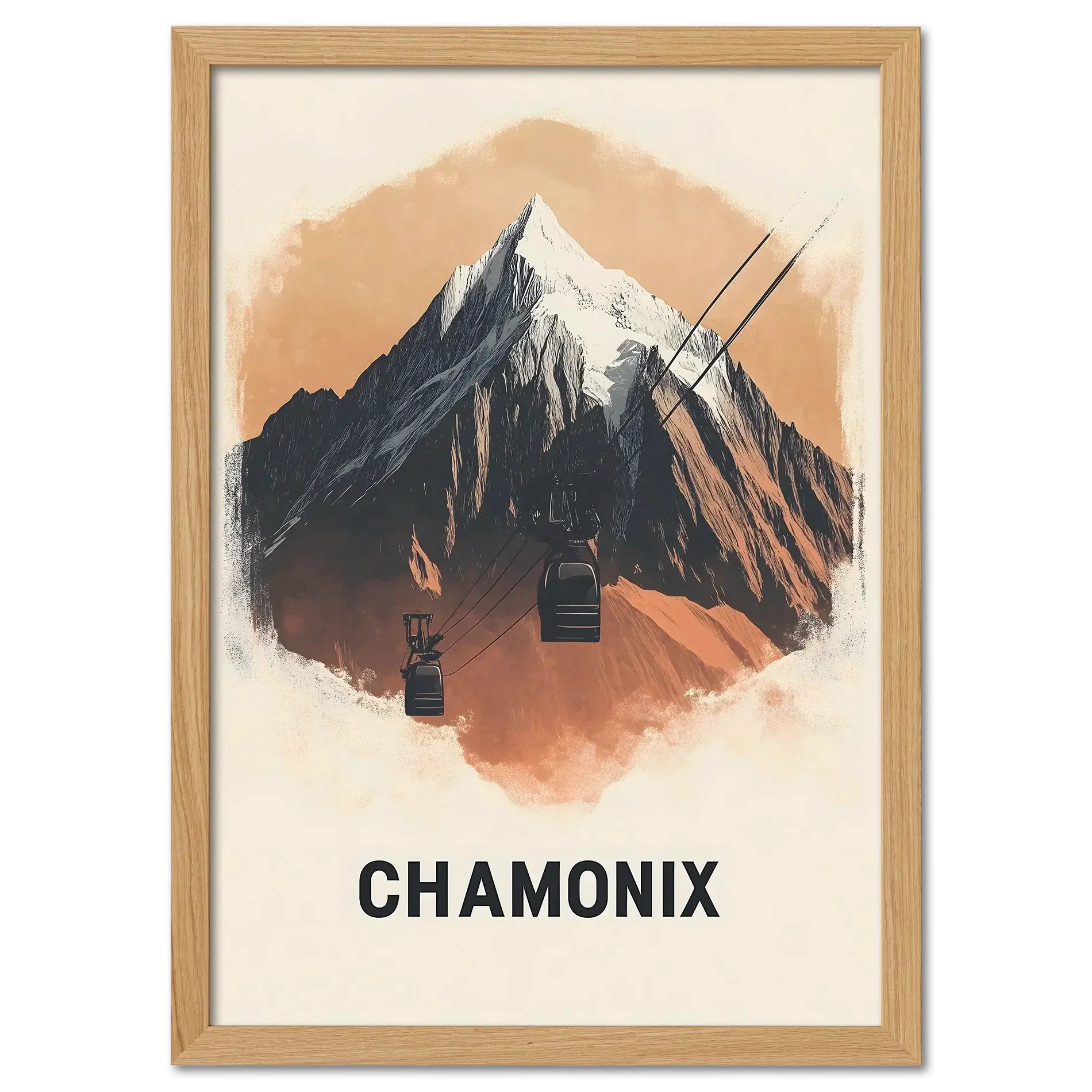 Majestic Peaks of Chamonix - Poster showcasing a dramatic mountain with cable cars and warm earthy tones.