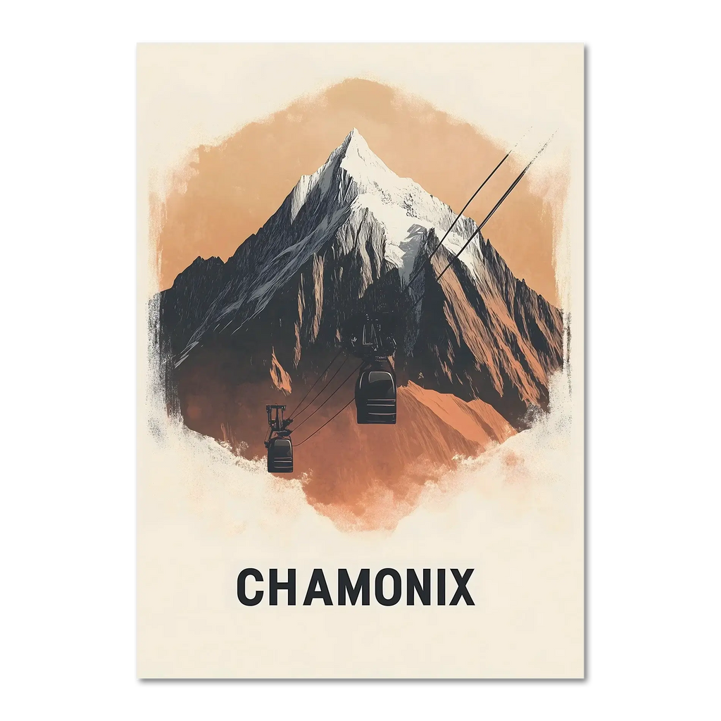 Majestic Peaks of Chamonix - Poster featuring a mountain and cable car in warm terracotta tones.