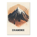 Majestic Peaks of Chamonix - Poster featuring a mountain and cable car in warm terracotta tones.