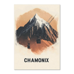 Majestic Peaks of Chamonix - Poster featuring a mountain and cable car in warm terracotta tones.